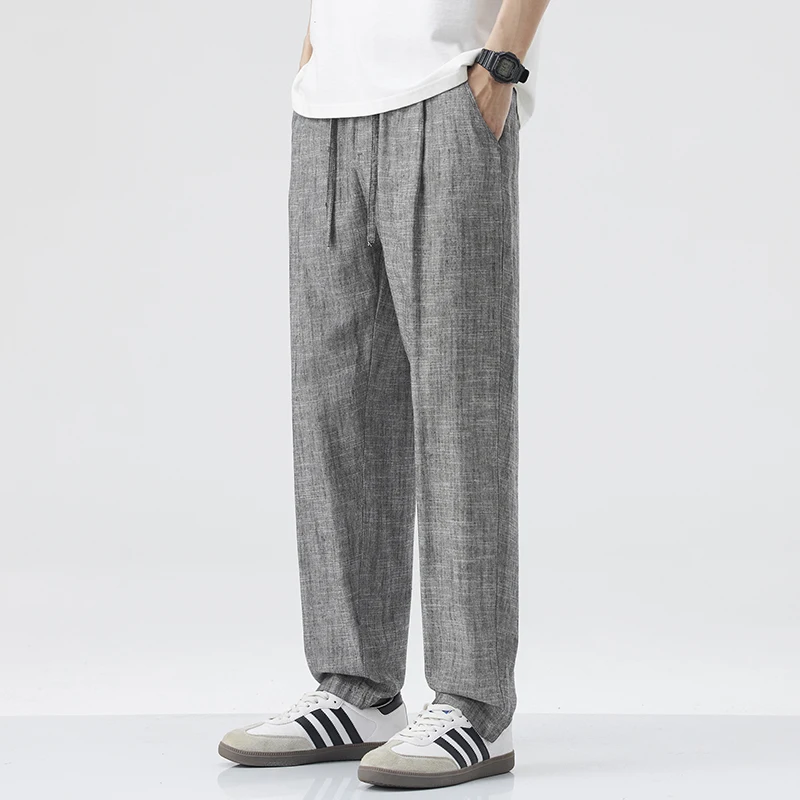 

Летние повседневные брюки из хлопка и льна, мужские свободные маленькие прямые простые мужские брюки в стиле ретро, японский ретро, американский контроль цен