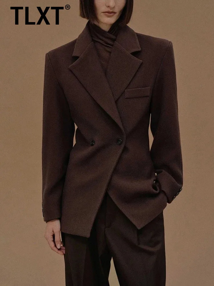 

TLXT женский темпераментный офисный женский костюм с зубцами, однотонная двубортная куртка со сборкой на талии, новинка 2025, XK1022