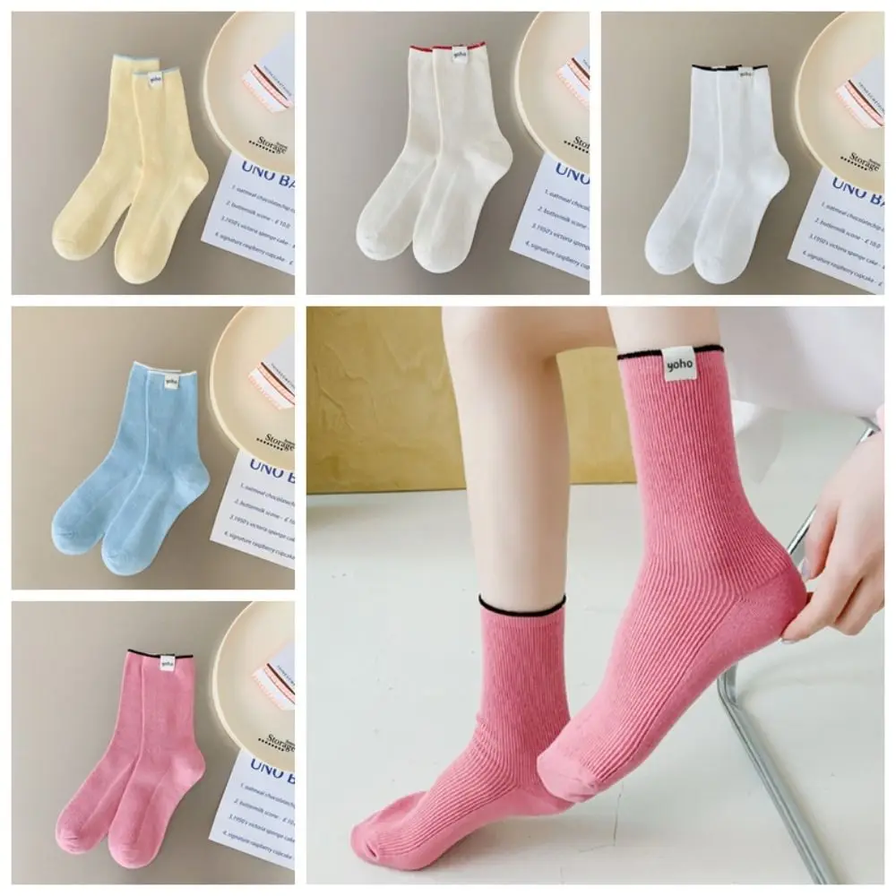 Simple Pile Up Women's Solid Socks Candy Color Cotton Mid Tube Socks Breathable Hosiery Ruffle Ankle Socks Female