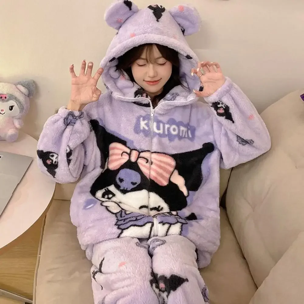 Sanrio Coral Fleece Plush Pajamas Suit Kuromi Hello Kitty Kawaii Anime Thickened Women Nightgown Winter Warm Homewear Tops Pants