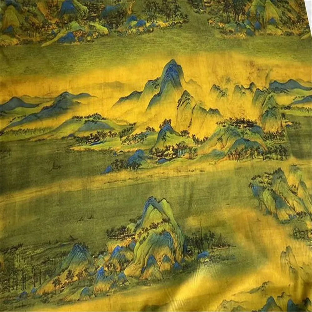 Chinese Landscape Painting Traditional Style Print Silk Stretch Satin Fabric for Lady Vintage Cheongsam