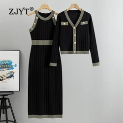 ZJYT Autumn Winter Long Sleeve Sweater Midi Knitting Dresses for Women 2 Pieces Elegant Color Block High Stretch Vestidos Female