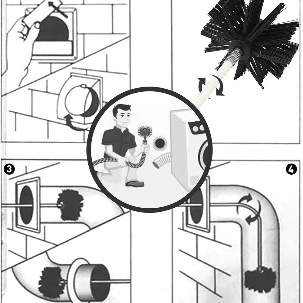 Chimney Brush Set with Long Handle Rods Flue Sweeping Brush 100/150mm Brush Head Air Duct Cleaning Tool for Chimney Dryer Pipe