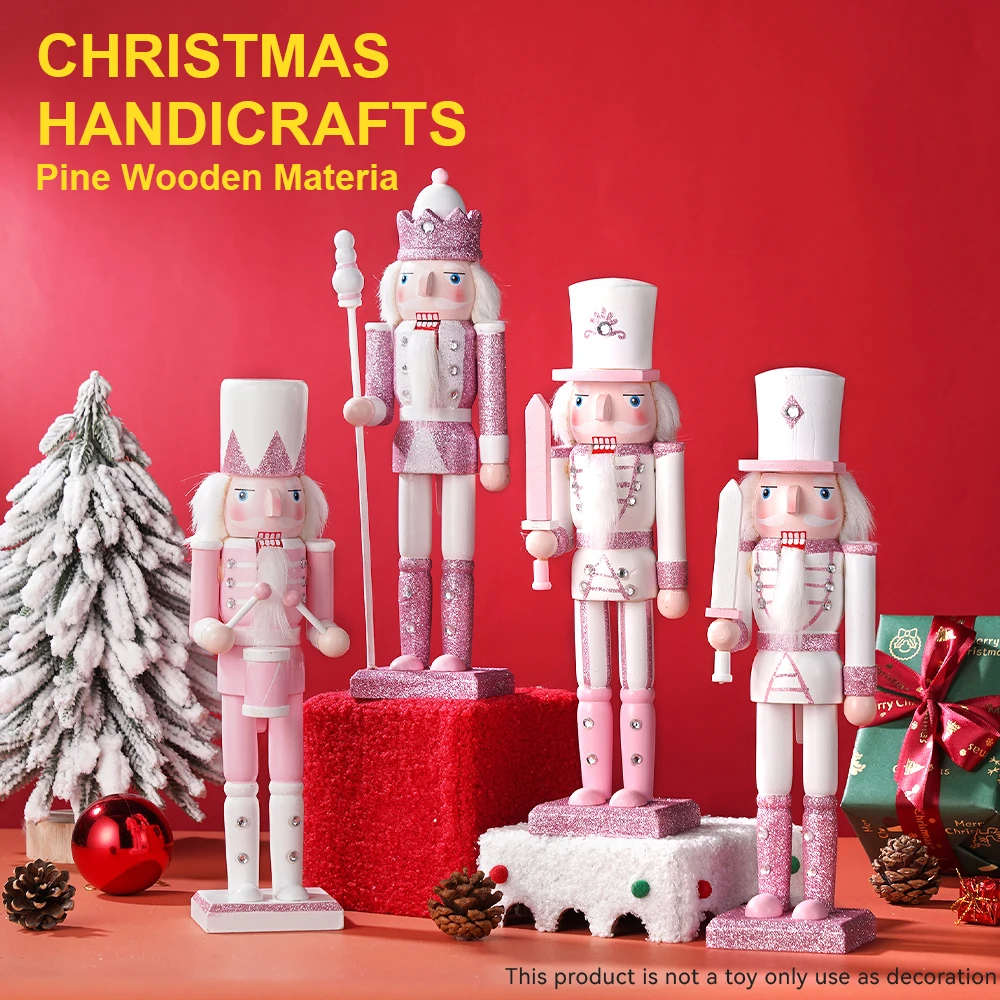 30CM Wooden Nutcracker Solider Figurine Puppet Pink Glitter Soldier Doll Toy Handcraft Ornament Christmas Home Office Decoration