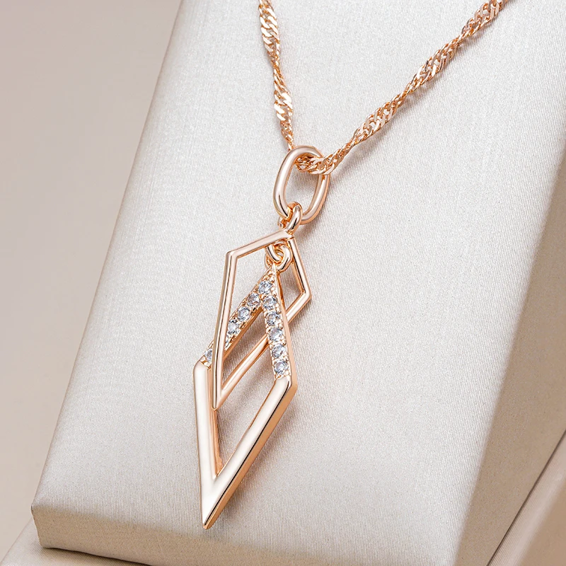 Kinel Fashion Glossy Hollow Rhombus Pendant Necklace for Women Unusual Natural Zircon 585 Rose Gold Color Daily Fine Jewelry