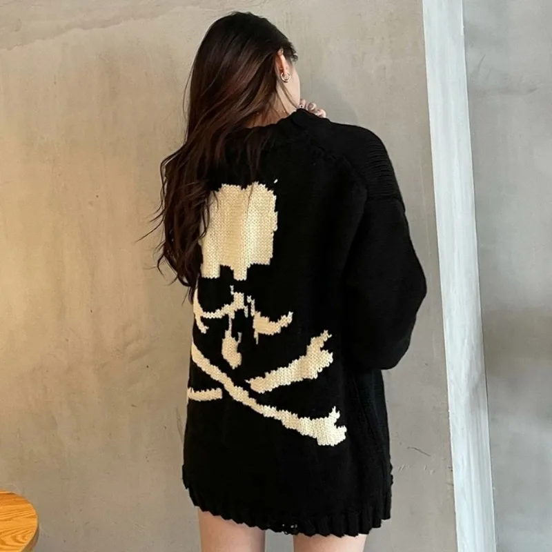 Deeptown Goth Punk Black Skull Sweater Women Harajuku Gothic Pullover Vintage Knitted Jumper Oversized Chic Knitwear Streetwear