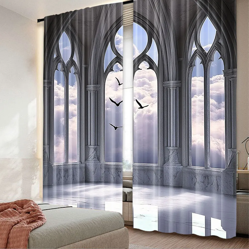 2Pcs Gothic Curtains Medieval Stone Balcony Graphic Design Mystic Middle Age Story For Bedroom Living Room And Dining Room A