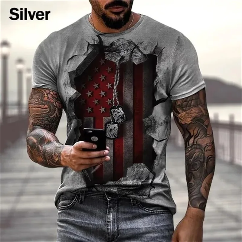 T-shirt gráfico dos homens impressos em 3D da bandeira dos EUA, manga curta, camisetas extragrandes, hipster personalizado, streetwear retro