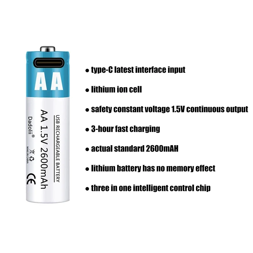 USB Rechargeable Lithium Ion Battery 1.5V AA Battery 2600mAh Remote Control, Mouse, Small Fan, Toy Battery+cable