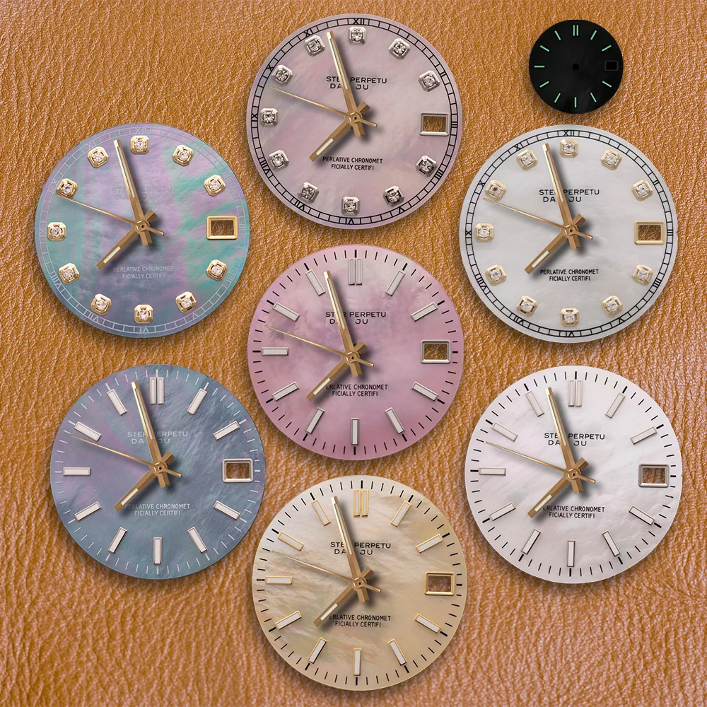28.5mm S Logo NH35 Diamond dial Colour Mother pearl Dial Fit NH36 Movement Green Luminous Watch Modification Accessories