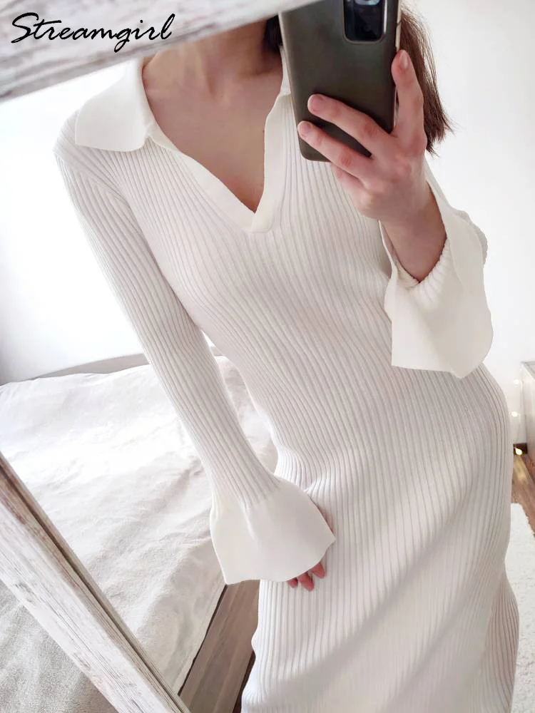 White Long Knit Dresses For Women Spring Long Sleeve V Neck Elegant Striped Dress Knitted Maxi Black Women Dresses Bodycon 2024