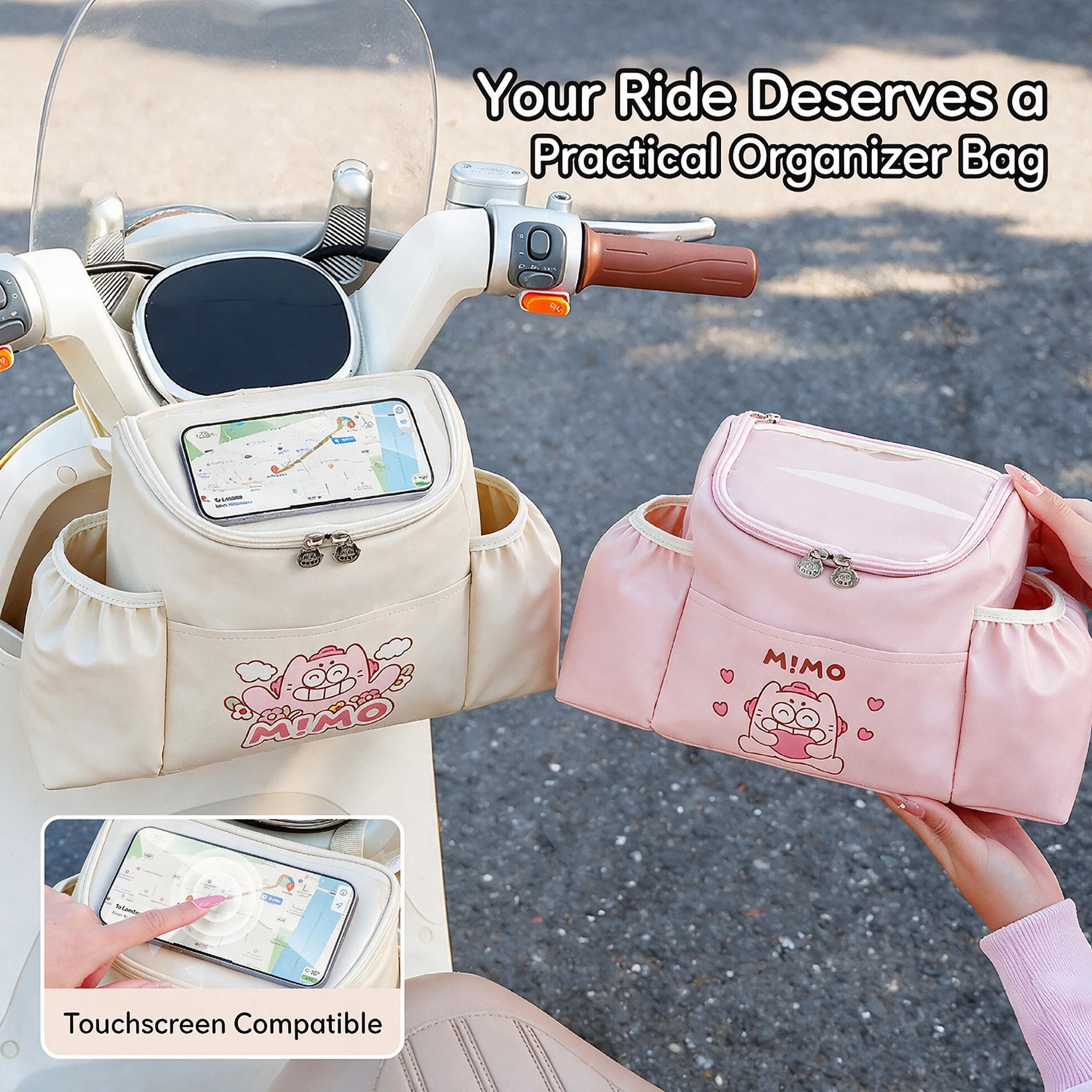Electric Scooter Handlebar Bag with Touch Screen Phone Holder, Waterproof Front Bike Storage Bag, Large Capacity Bicycle Basket