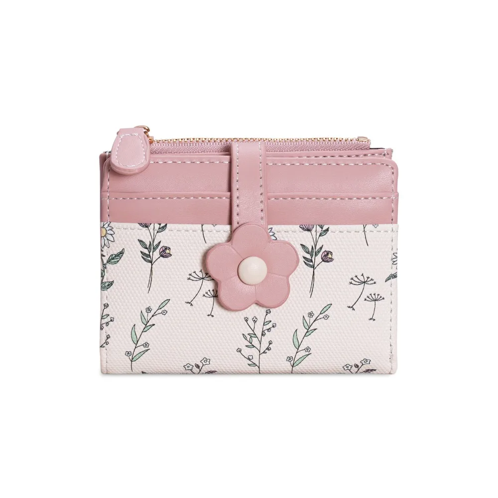 

Portable Korean Style Flower Short Wallet Print Floral PU Leather Card Holder Purse Multi-function Folding Card Bag Men
