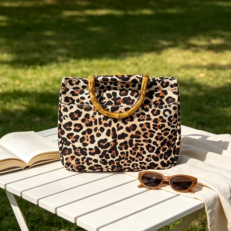 Retro Leopard Print Faux Bamboo-Handle Women's Tote Bag. Beige Base with Black and Brown Leopard Pattern Ladies' Handbag