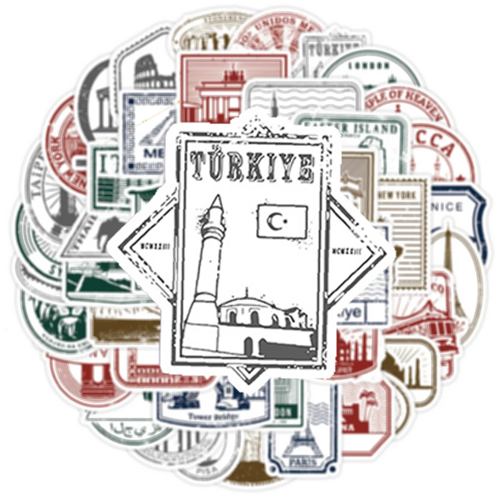 

10/30/50pcs World City Landmarks Stamps Stickers Retro Postmark Decals DIY Notebook Suitcase Guitar Luggage Travel Sticker Decor