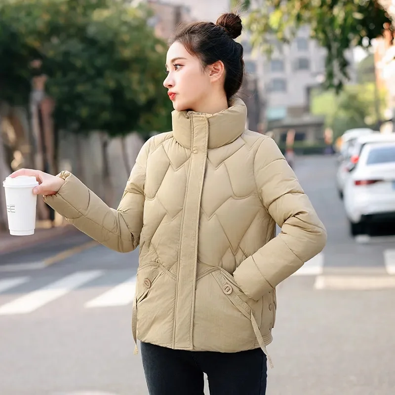 French short high-end women's 2023 winter new cotton jacket temperament Korean standing collar warm commuting cotton jacket P15