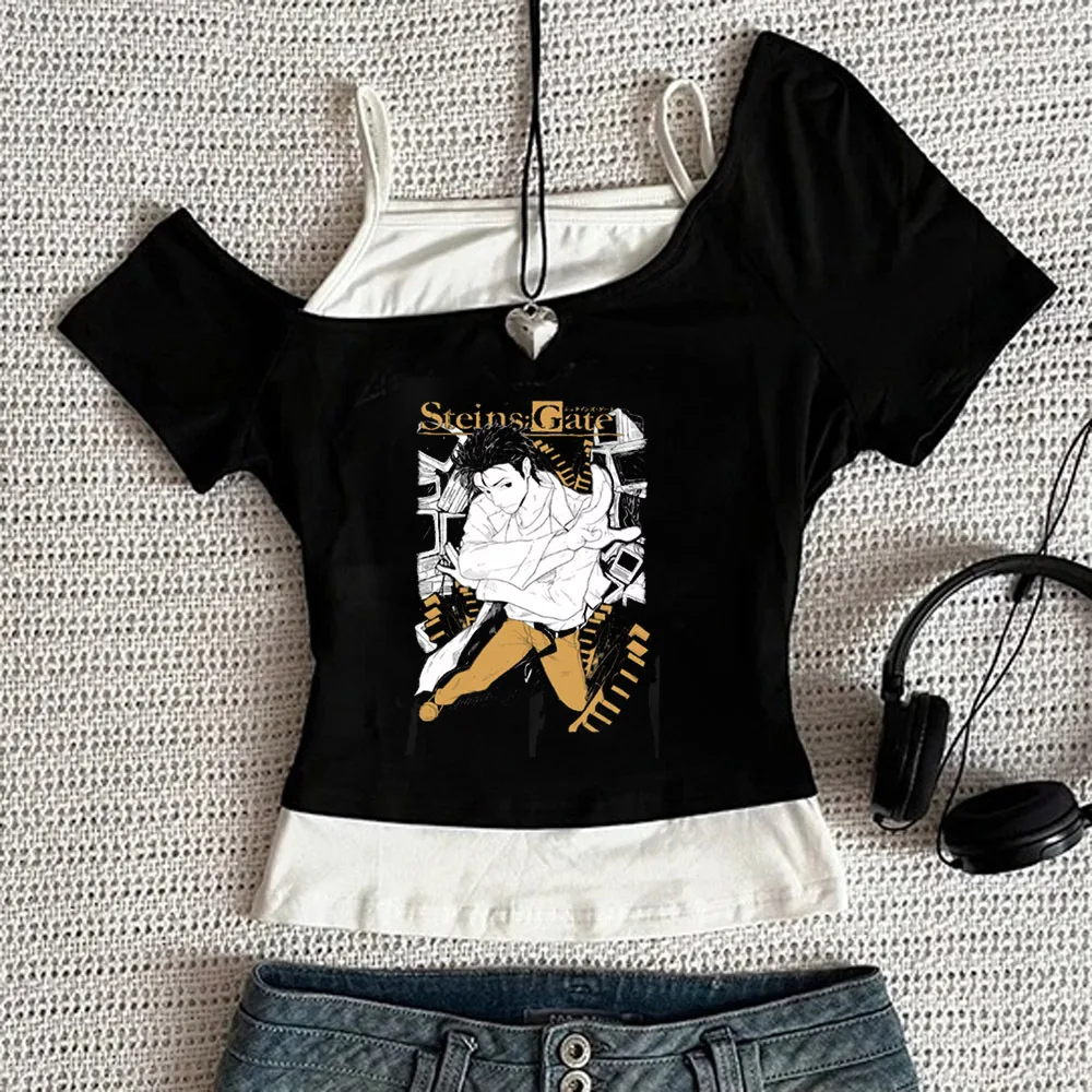 Steins Gate cropped top girl graphic goth korean fashion y2k jojifuku tshirt dollette 2000s summer