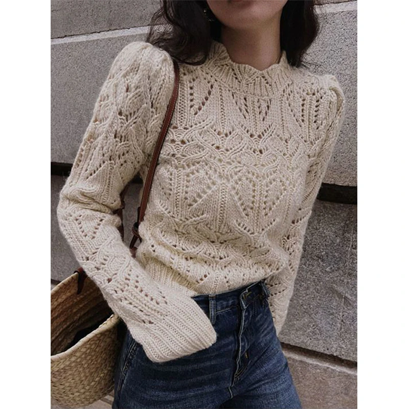 Vintage Cropped Sweater Women Elegant Hollow Out Knitted Pullovers Streetwear Korean Knitwear Spring Office Lady Casual Jumpers