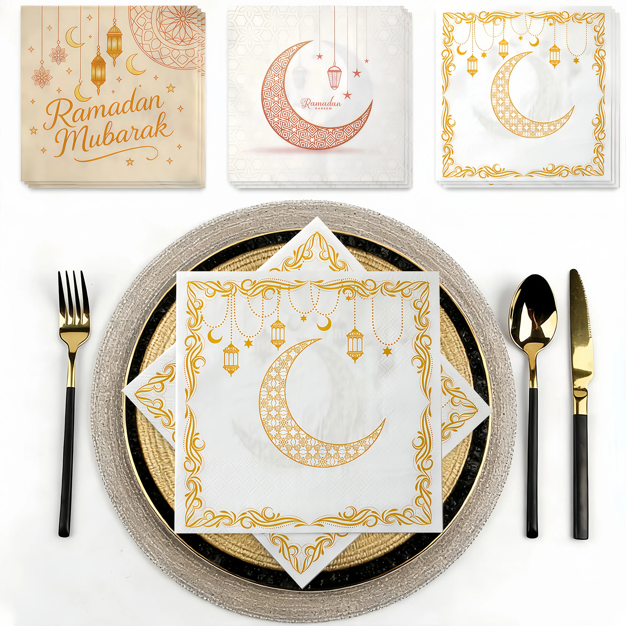 20 Stück/80 Stück 33*33cm Eid Mond Sterne Bedruckte Servietten Nahost-Festival Tischware Ramadan Kareem Mond-Servietten Eid-Party-Deko