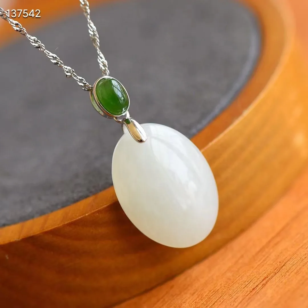 

Natural 100% real Sterling Silver necklace mosaic white hetian jade oval methods pendant jewellery for woman gifts Bless peace