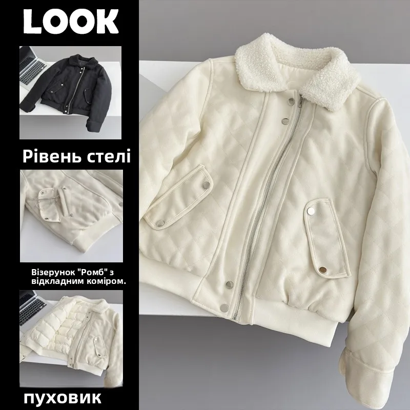 

Winter Women's Cotton Jacket Woolen Quilted Diamond Pattern Turn-down Collar Small Fragrance Style Coat Long Sleeve Zipper