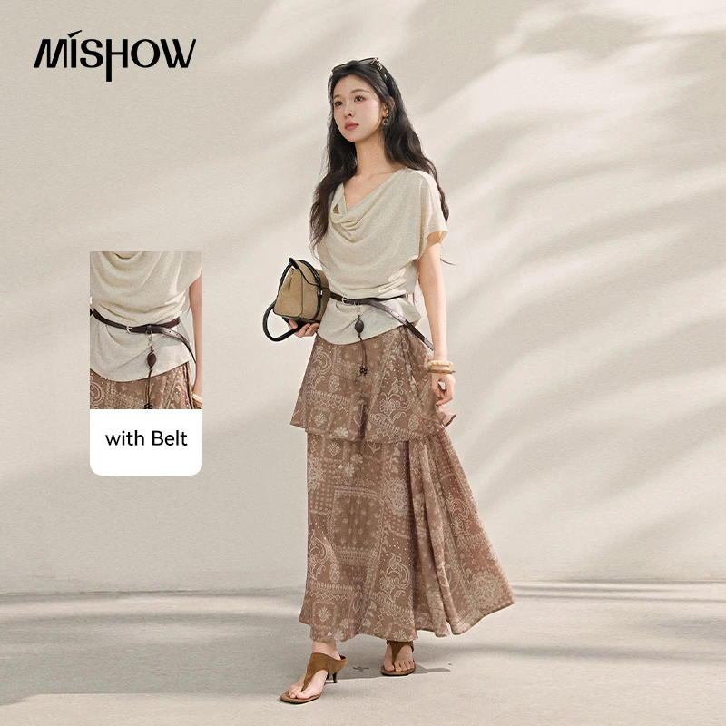 MISHOW French Style Draped Neckline Top Summer Short Sleeved T-shirt Temperament Waist Cinching Knit Gift Tassel Belt MXF21T1577