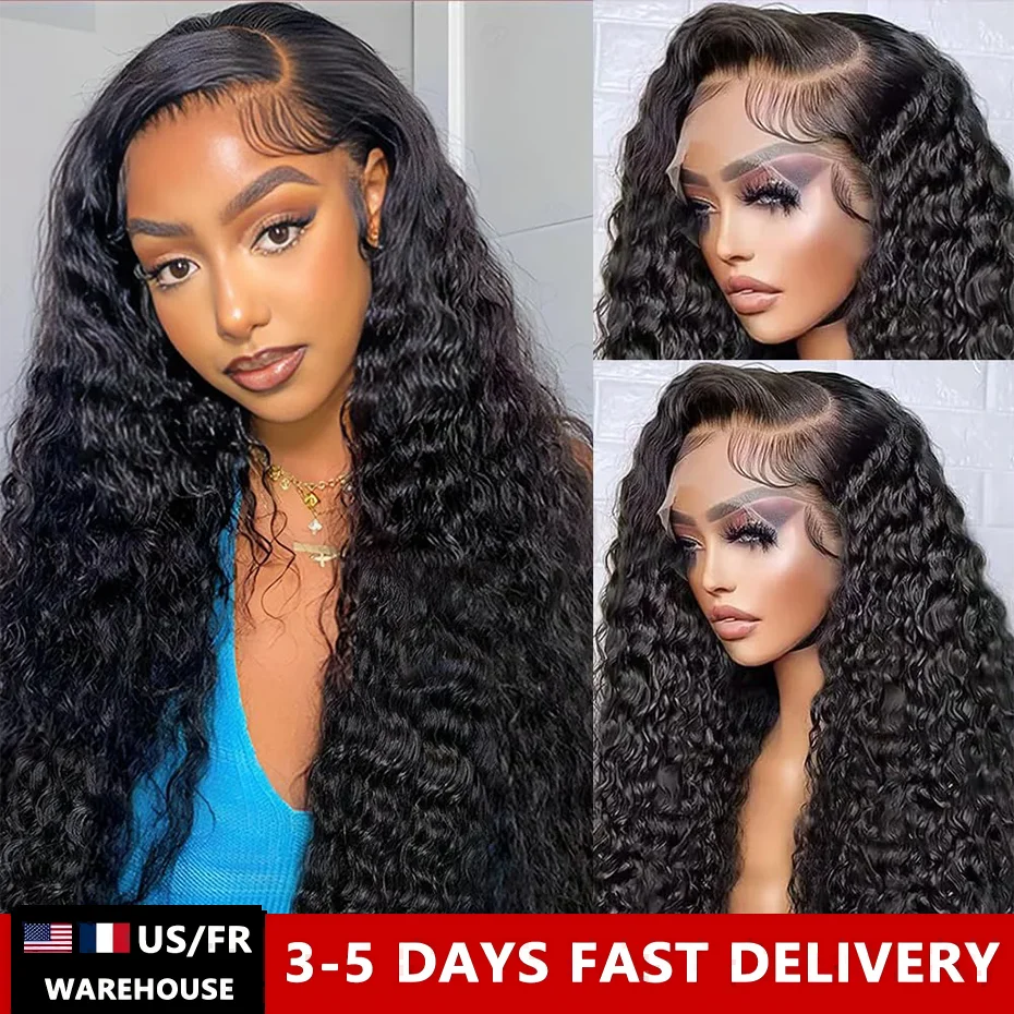 13X6 HD Transparent Deep Water Wave Curly Human Hair Lace Frontal Wig 30 34 Inch 13X4 Lace Front Human Hair Lace Closure Wigs