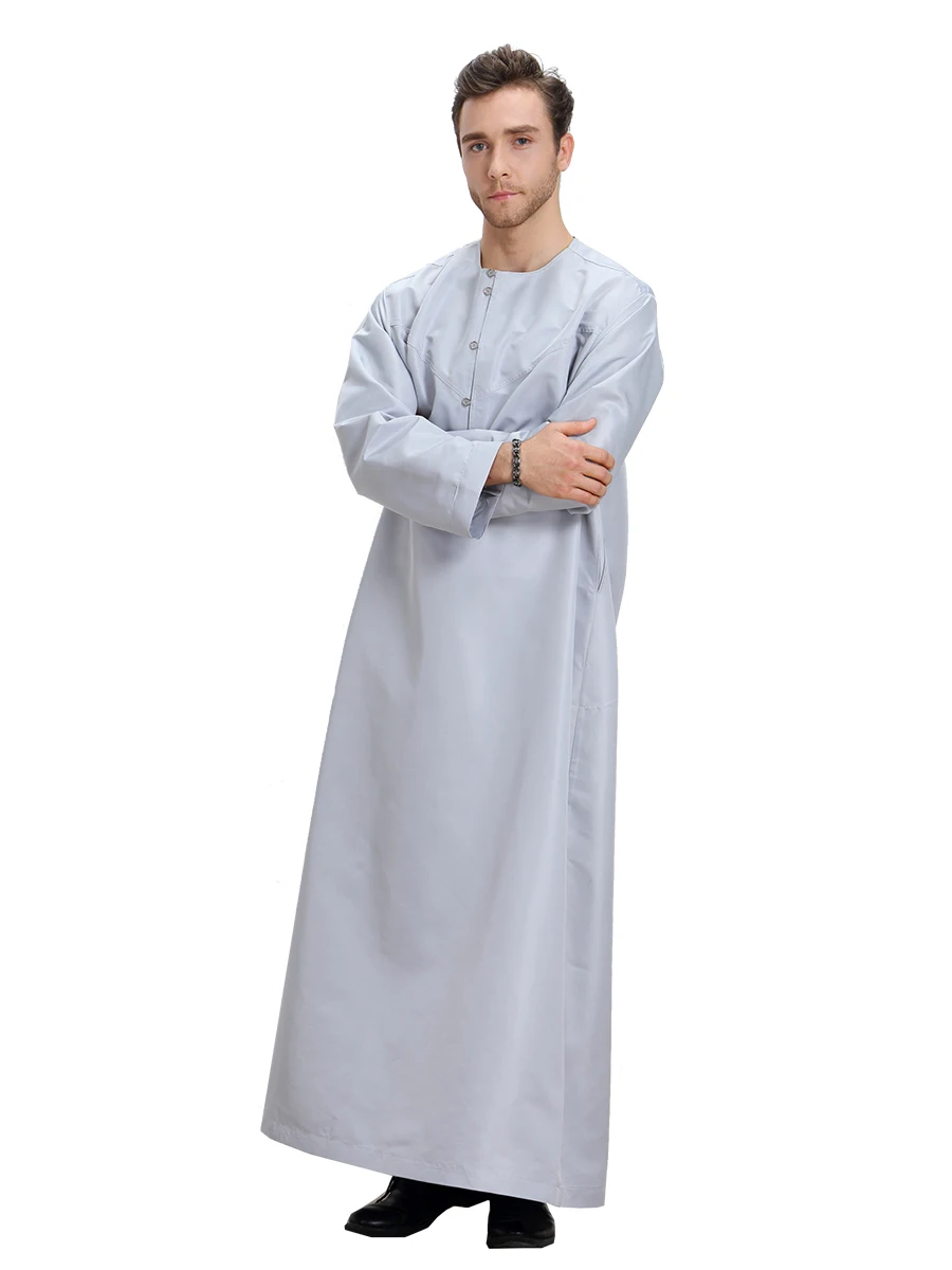 Hommes musulmans couleur unie manches longues col rond bouton Robe arabe mâle adulte cheville longueur Thobe Ramadan Eid vêtements