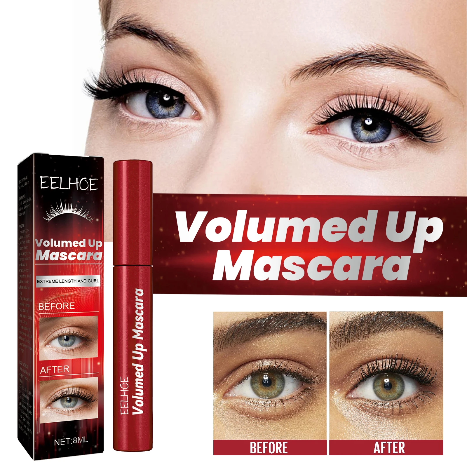 EELBathroom E-Mascara 4D injFiber, résistant à l'eau, extra volume, résistant aux taches, curling, allongement, extension de cils, outil de maquillage, 5 pièces