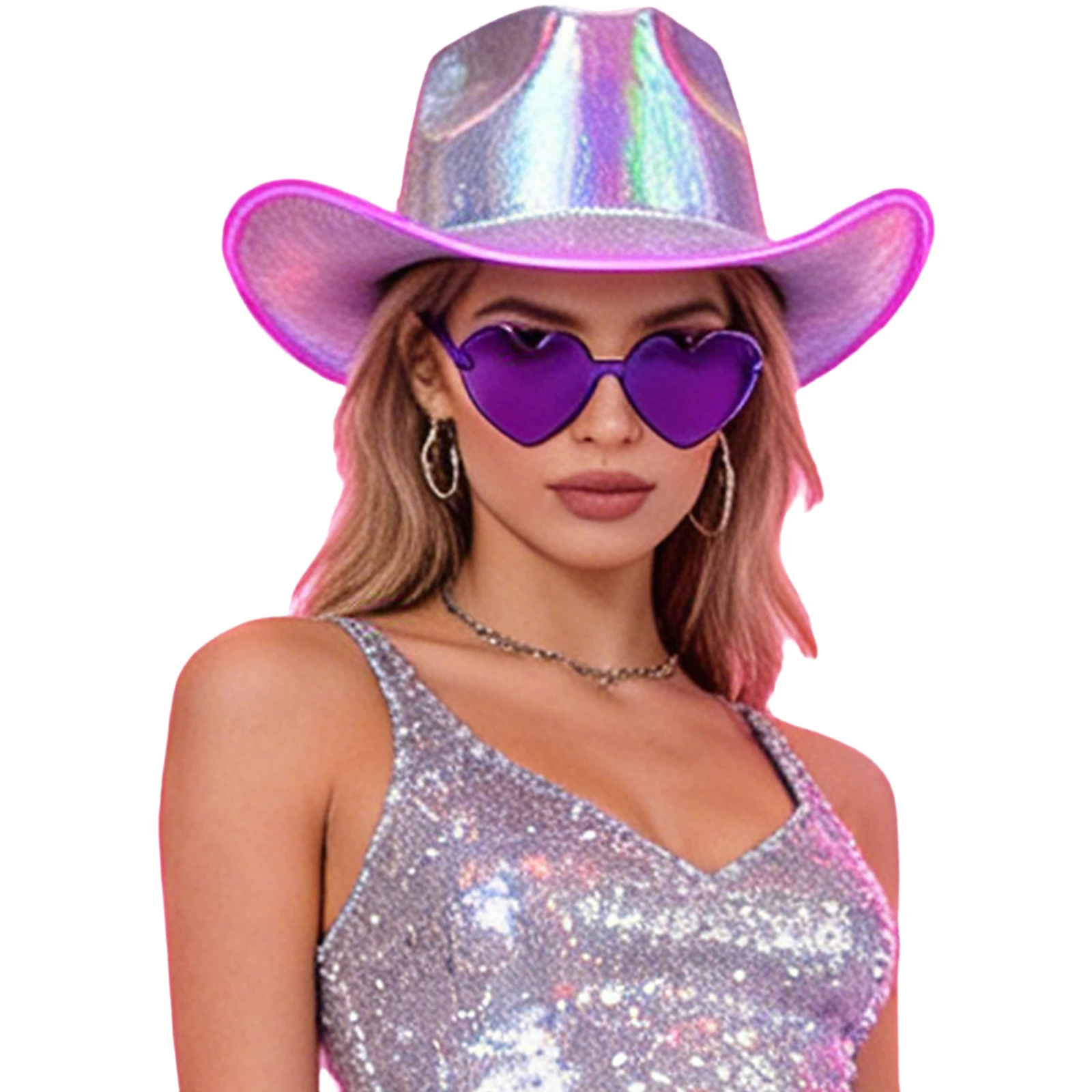 2Pcs Light-Up Cowboy Hat with Heart Shaped Glasses Set for Women Irish Cowgirls Hat St Patrick Day Party Dress Up Accessories view 2