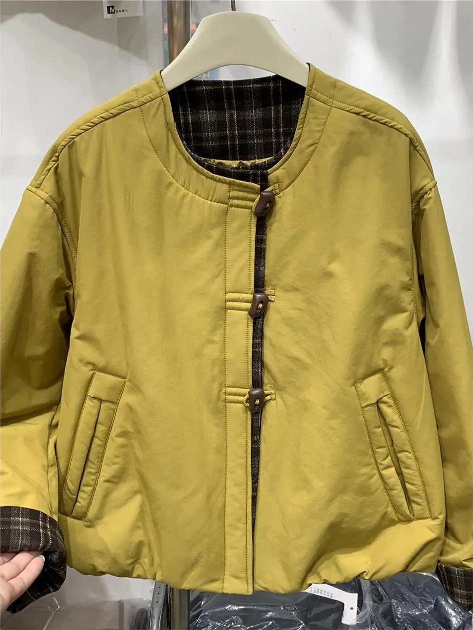 

Korean Color Block Design Lightweight Cotton Jacket Short Outerwear Women's Winter round Neck Short Coat Plaid Design