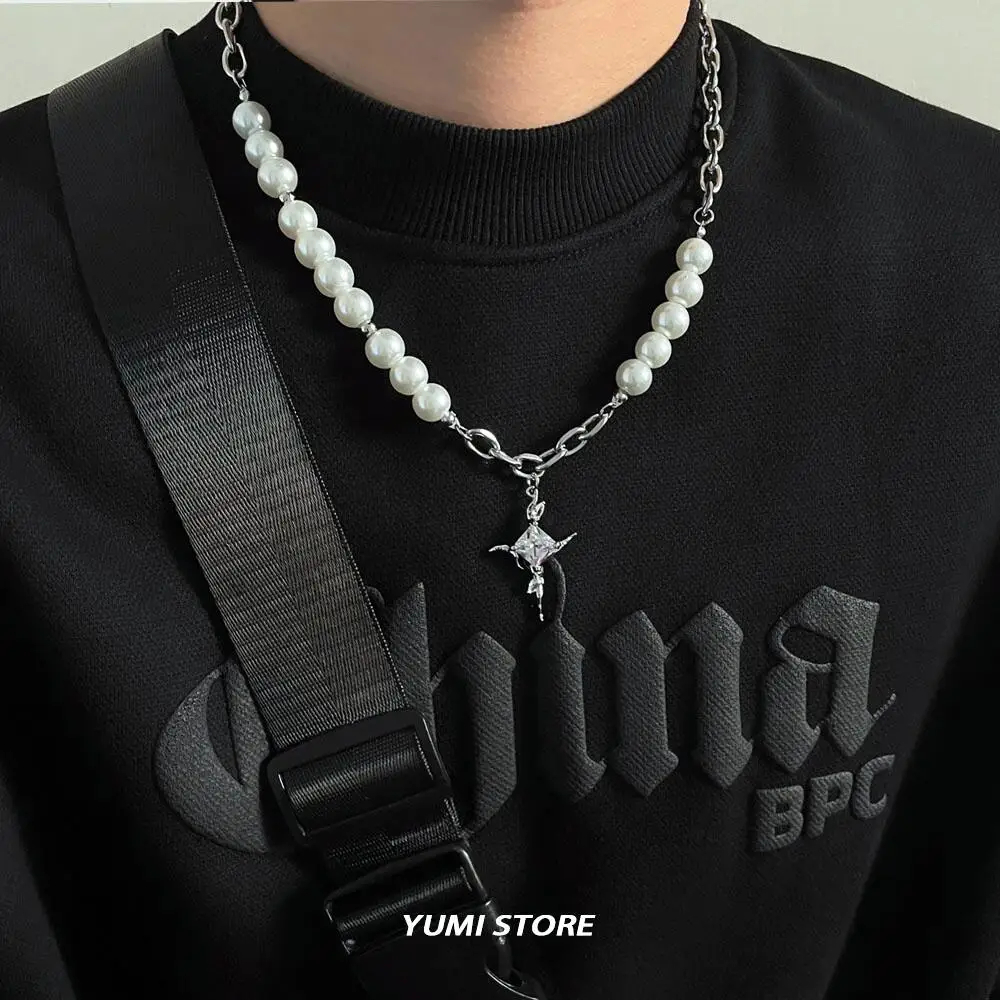 Trend Zircon Cross Pendant Necklace For Men Women Stainless Steel Imitation Pearl Chain Sweater Choker Kpop Hip Hop Jewelry Gift