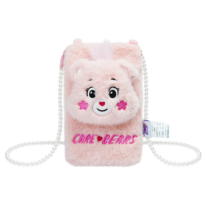 Care Bears Cartoon Plush Phone Bag Purse Kawaii Small Soft Shoulder Bag With Pearl Chain Girls Bear Plush Bags