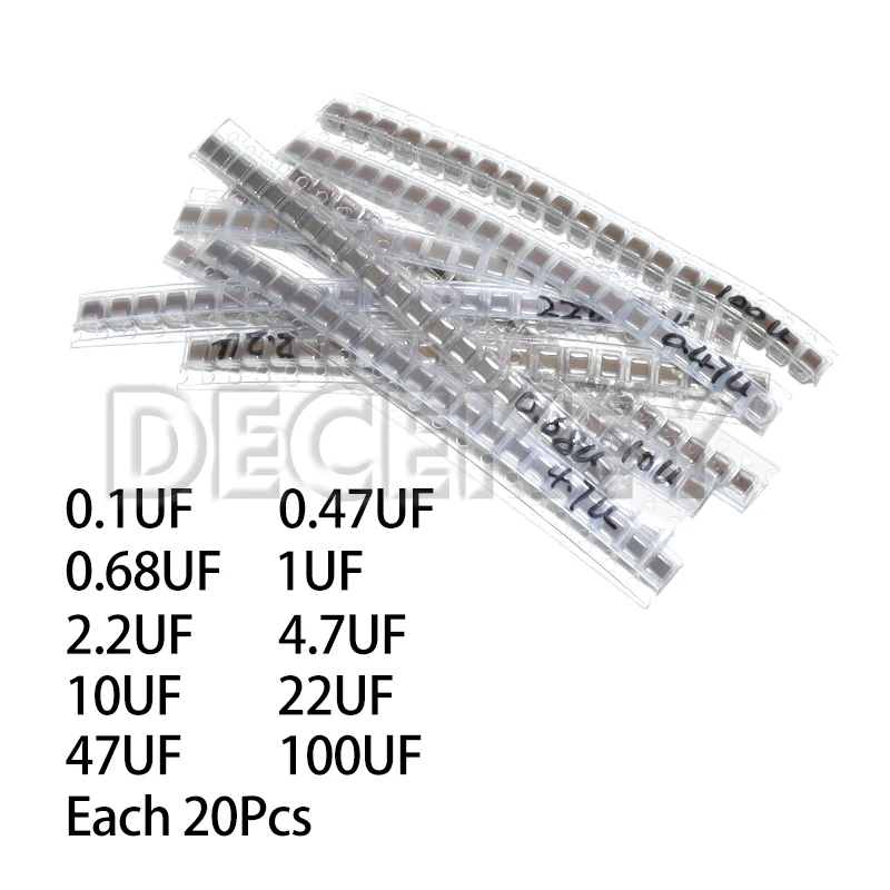 

Набор SMD-конденсаторов 1210, 200 шт., ассорти, 0.1-100 мкФ, 10 типов по 20 шт. (0.1 мкФ, 0.47 мкФ, 0.68 мкФ, 1 мкФ, 2.2 мкФ, 10 мкФ, 100 мкФ)