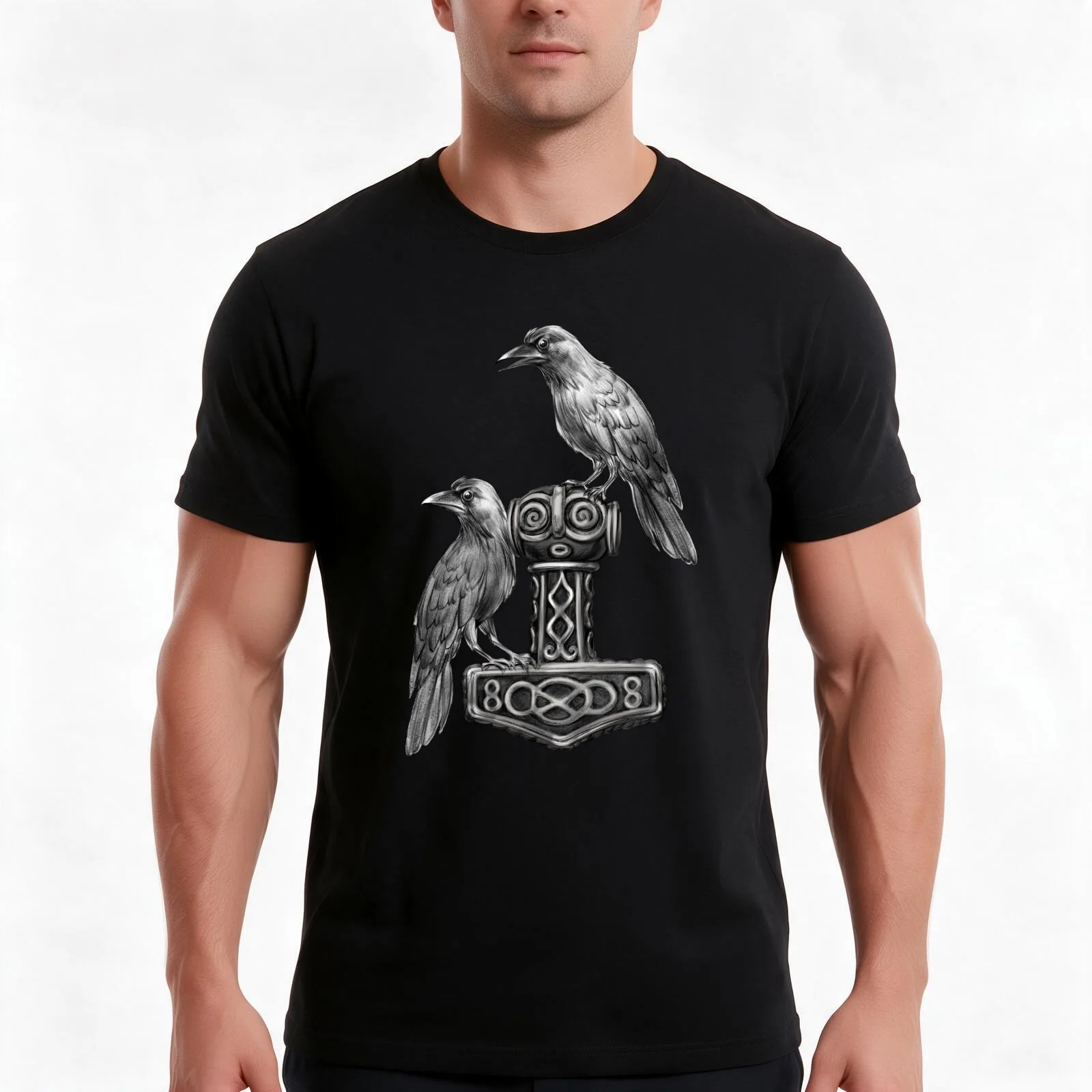 Thor Hammer Mj?lnir with Odin Ravens Hugin and Munin T-Shirt, Summer Casual Cotton Tee, Oversized Streetwear Tops, 100% Cotton