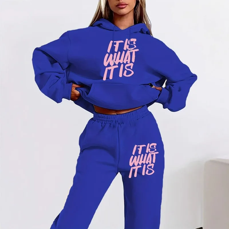Amazon Hot Sale Letter Print Simple Women's Sweater Set Autumn Long Sleeve Hooded Sweatshirt