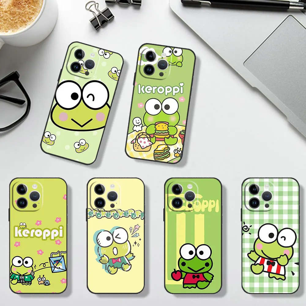 MINISO S-Sanrio K-Keroppi Phone Case for iPhone 12 11 13 14 15 16 Pro Max Plus Black Soft Silicone Cover