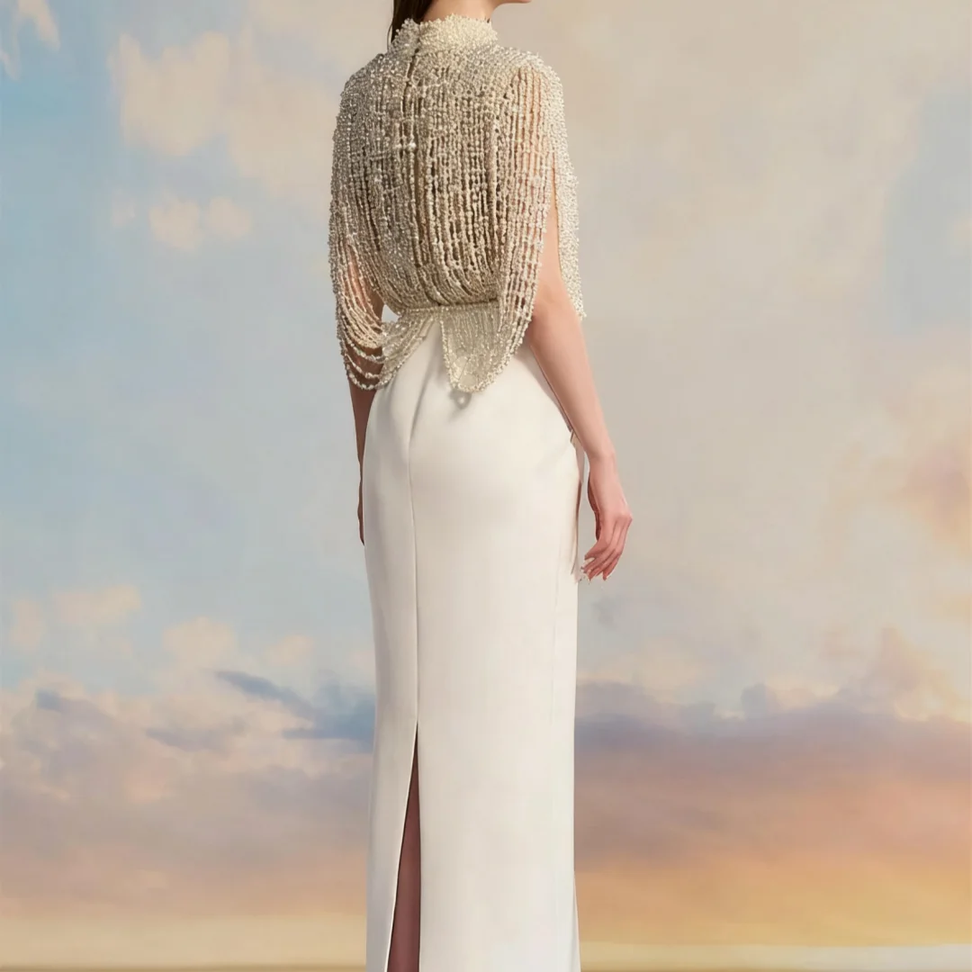 Elegante cuello redondo sin mangas satén hasta el suelo batas con abertura Invitee Mariage lujoso vestido de madre de la novia con perlas personalizado