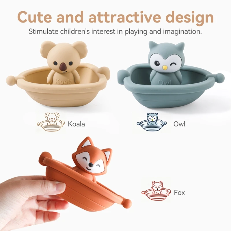BPA-Free Kids Bathroom Stackable Floating Boat Bath Toy Teething Toy Suitable for Infants and Toddlers Animal Finger Puppet Toy