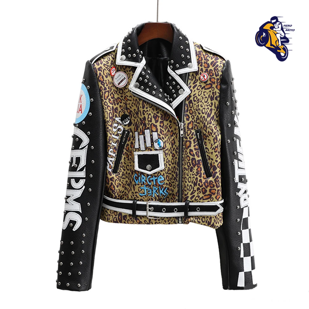 

Motorcycle Jacket Color Bump Women's Motorcycle Leather Jacket PU Material Woman's Biker Coat Leopard Punk Jacket Wear Resistant
