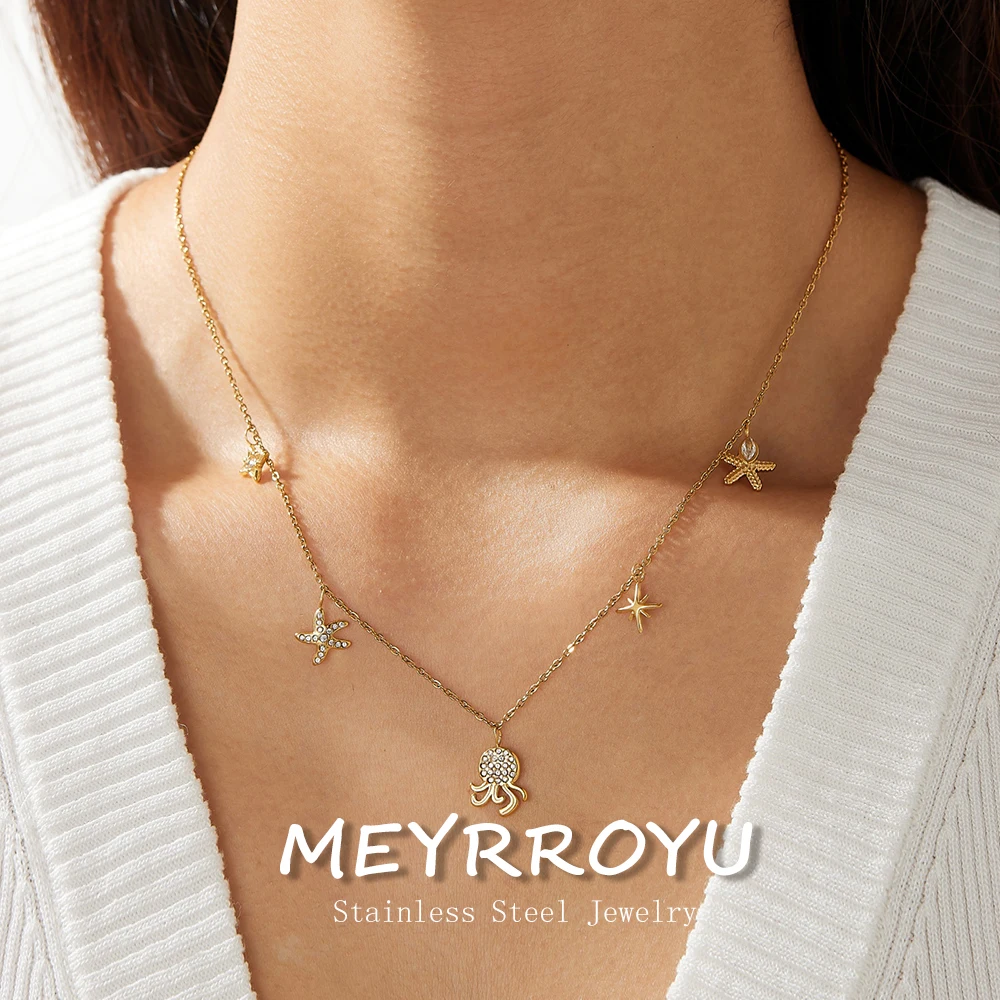 MEYRROYU 316L Stainless Steel Golden Octopus Starfish Inlay Zircon Star Pendant Necklace for Women Ocean Neck Chain Jewelry Gift