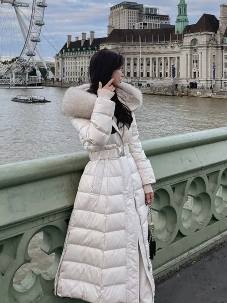 

Зимнее утепленное белое пуховое пальто женское с капюшоном, меховым воротником, длинными рукавами, в корейском стиле, для повседневной носки, теплое