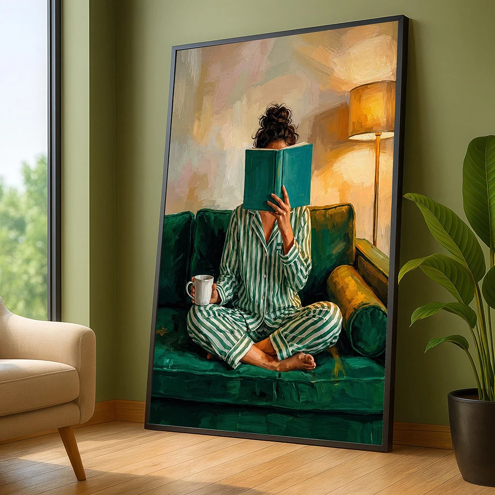 Green Striped Pajamas Reading Woman Canvas Print, Cozy Morning Wall Art, Canvas Print Poster, Home Living Room Decor, No Frame