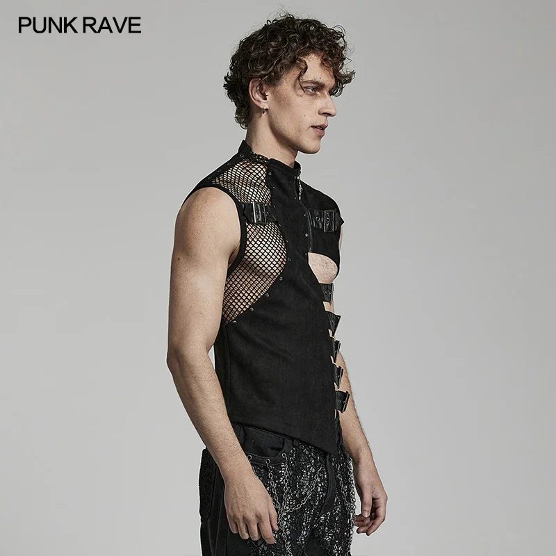 PUNK RAVE Men's Punk Handsome Cool Irregular Vest Mens Metal Ring Webbing Decoration Black Casual Clothes Tanks Spring Summer