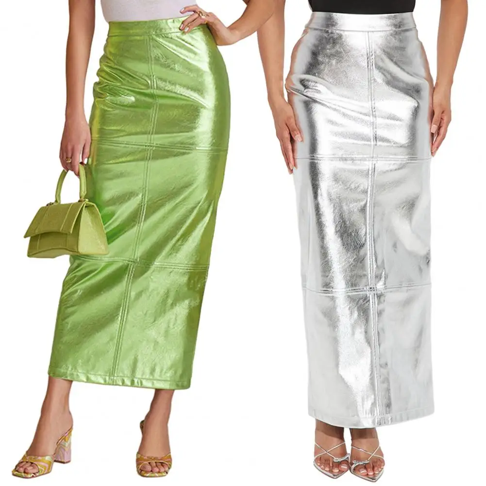 

Sexy Sparkly Slit Long Skirts Women High Waist Metallic Green Slim Maxi Skirt 2023 Summer Harajuku Elegant Fairy Grunge Clothes