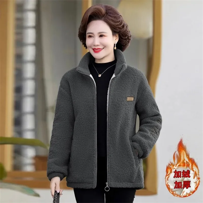 Lamb Wool Coat Women New Autumn Winter 2024 Add Velvet Thick Cotton-Padded Jacket Mother Fashion Grain Velvet Outwear Female Top