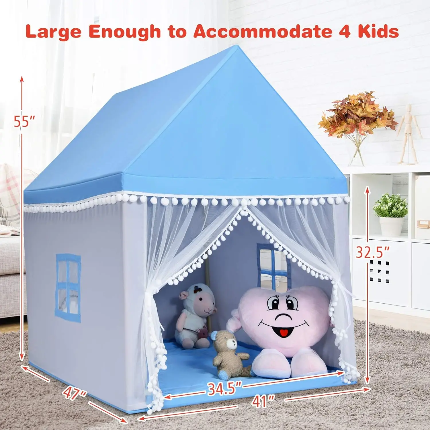 Tente de jeu pour enfants, grande maison de jeu avec tapis lavable, fenêtres, cadre en bois massif, tente de princesse intérieure et extérieure pour enfants garçons et filles