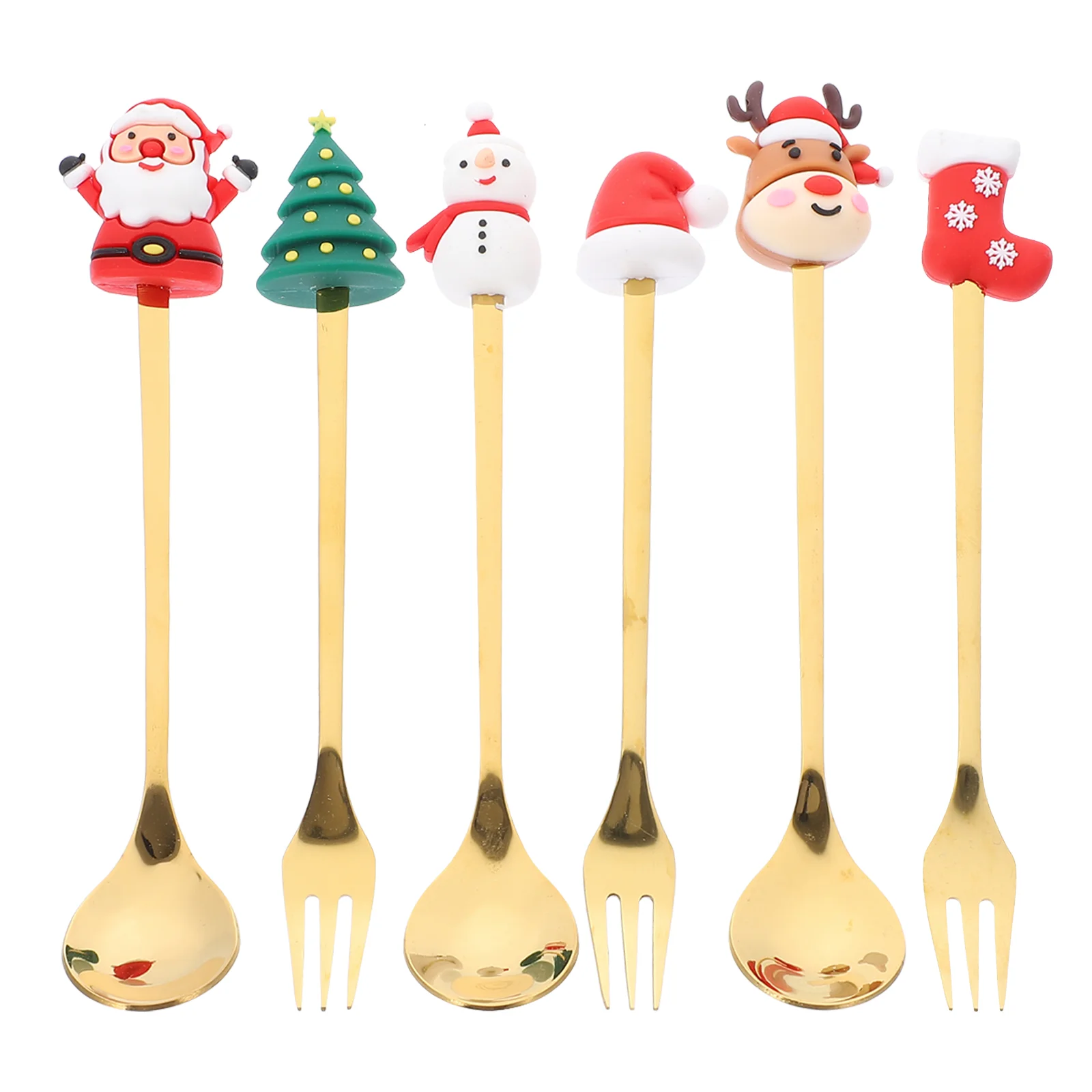 Christmas Spoon and Fork Set Smooth Surface Adorable Cutlery Kit Dessert Spoons Metal Resin Stainless Steel Xmas Patterned