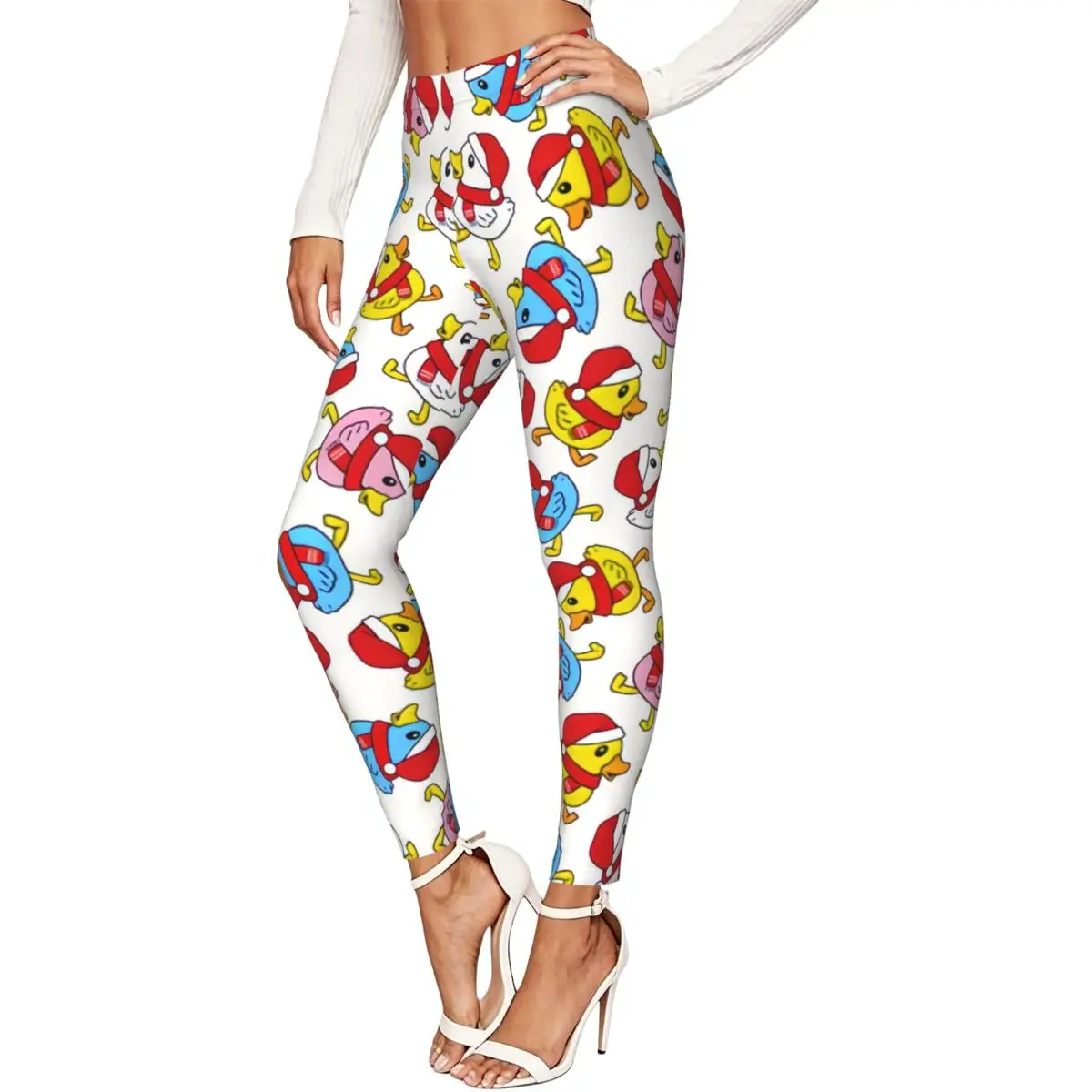 Duck Santa Claus Hat Christmas Print Women Stretchy Leggings High Elastic Comfortable Fitness Yoga Pants