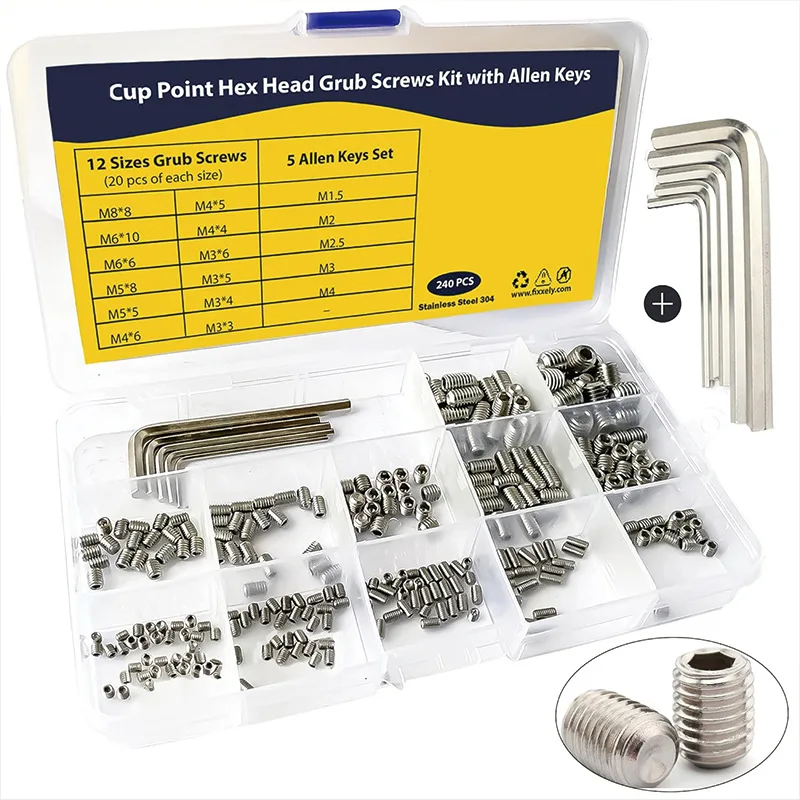 240Pcs Black Stainless Steel Set Screws Assortment Kit, Metric & Imperial Cup Point Grub Screws with Wrench